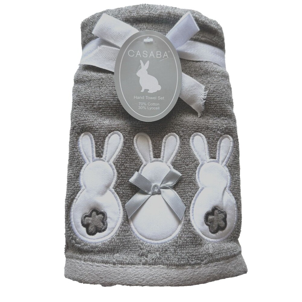 Casaba Hand Towels Easter Appliqued Embroidered White Bunnies Brown Set of 2